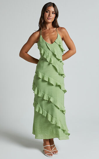 Brayden Midi Dress - V Neck Ruffle Dress in Green