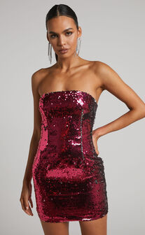 Sicah Mini Dress - Sequin Strapless Bodycon Dress in Pink/Silver