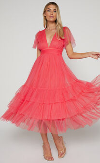 Jiraye Midi Dress - Flutter Sleeve Tuelle Plunge Dress in Coral