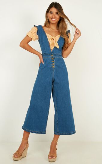 Enough To Love Denim Jumpsuit In Mid Wash