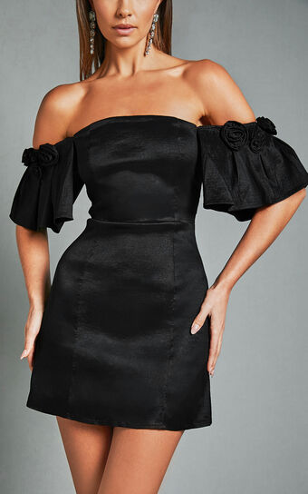 Shauna Mini Dress - Off Shoulder Rosette Detail A Line in Black