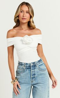 Jacinda Bodysuit - Off Shoulder Rosette Bodysuit in Off White