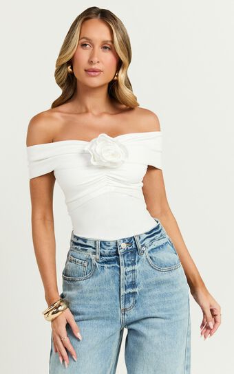 Jacinda Bodysuit - Off Shoulder Rosette Bodysuit in Off White