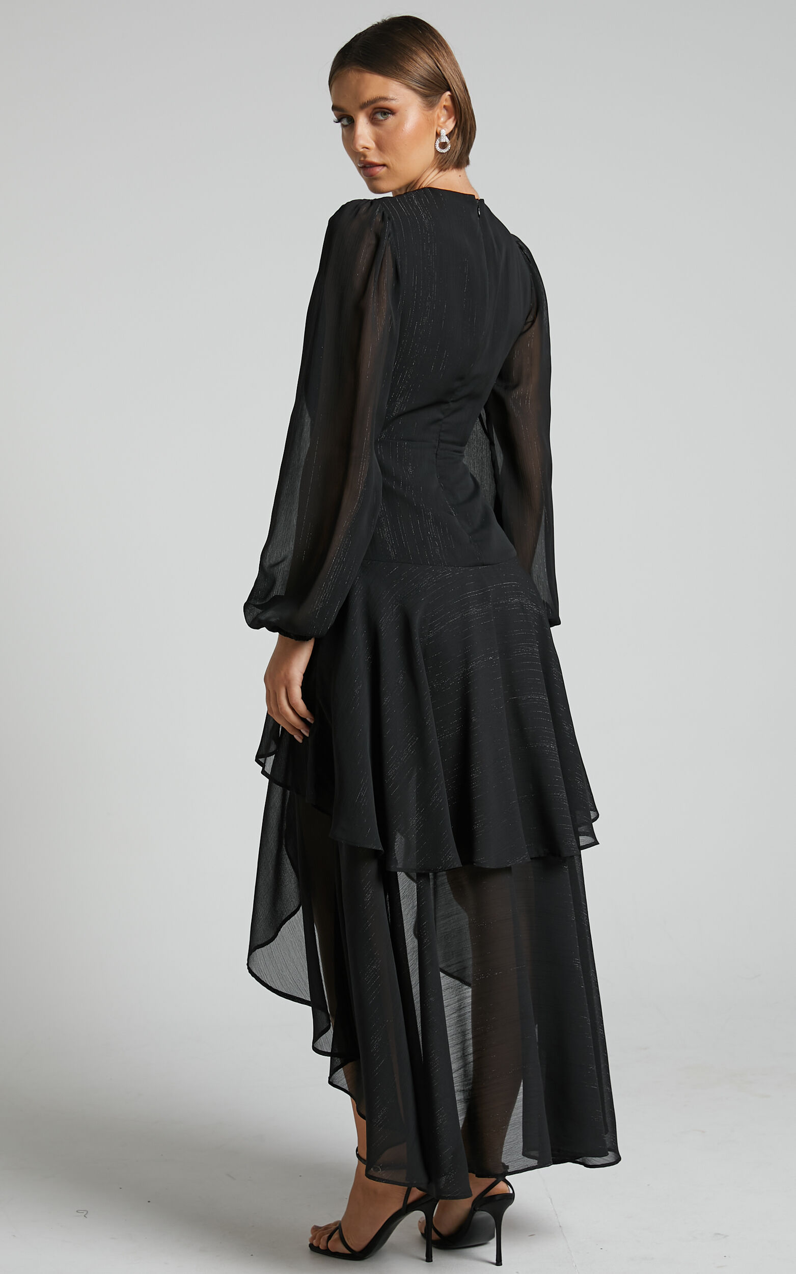 Claudita Midi Dress Long Sleeve High Low Hem Dress in Black Showpo