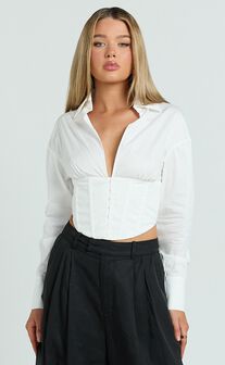 Jacintha Top - Hook and Eye Front Shirt Top in White