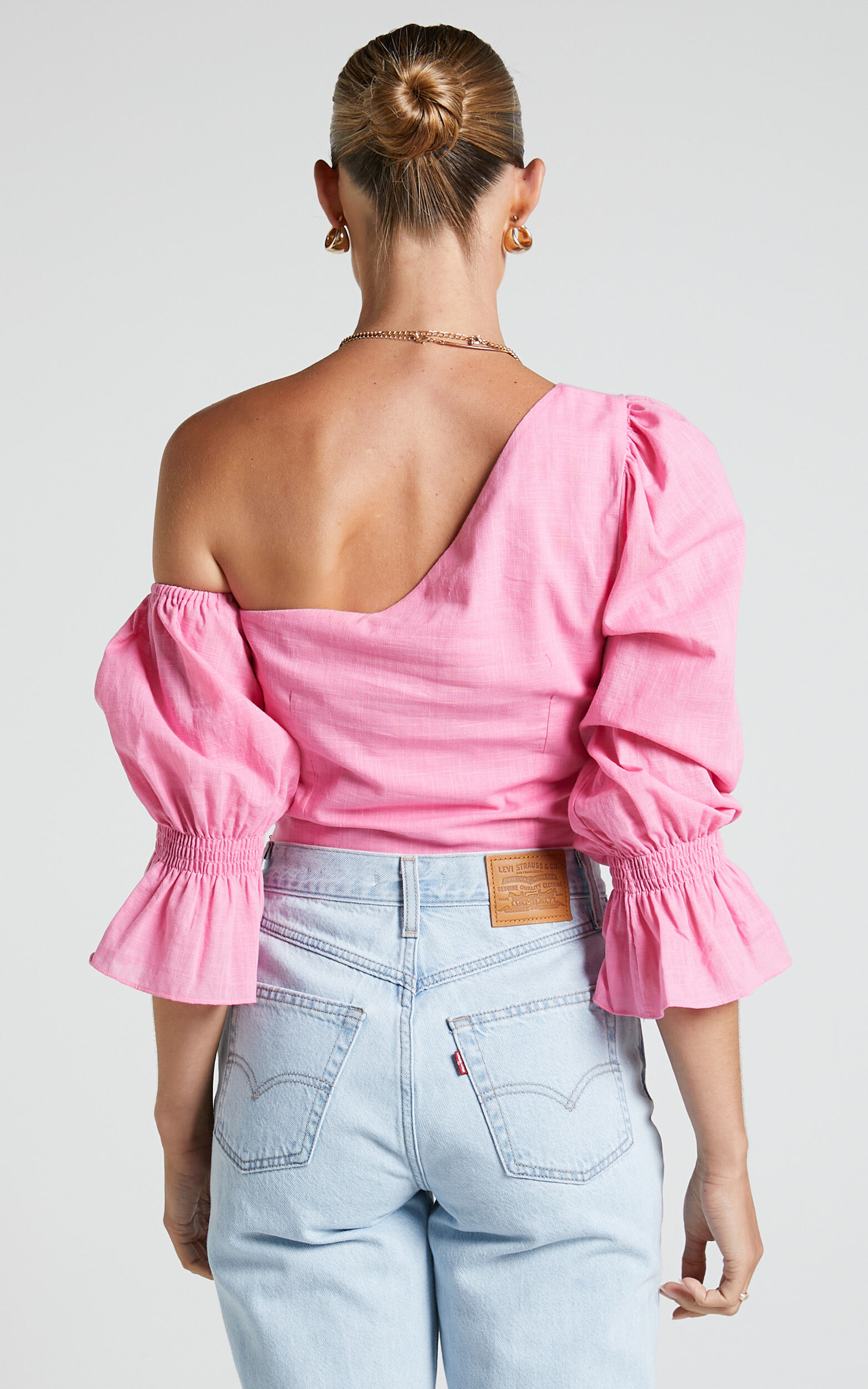Iveta Top Off One Shoulder Frill Puff Sleeve Top in Pink Showpo