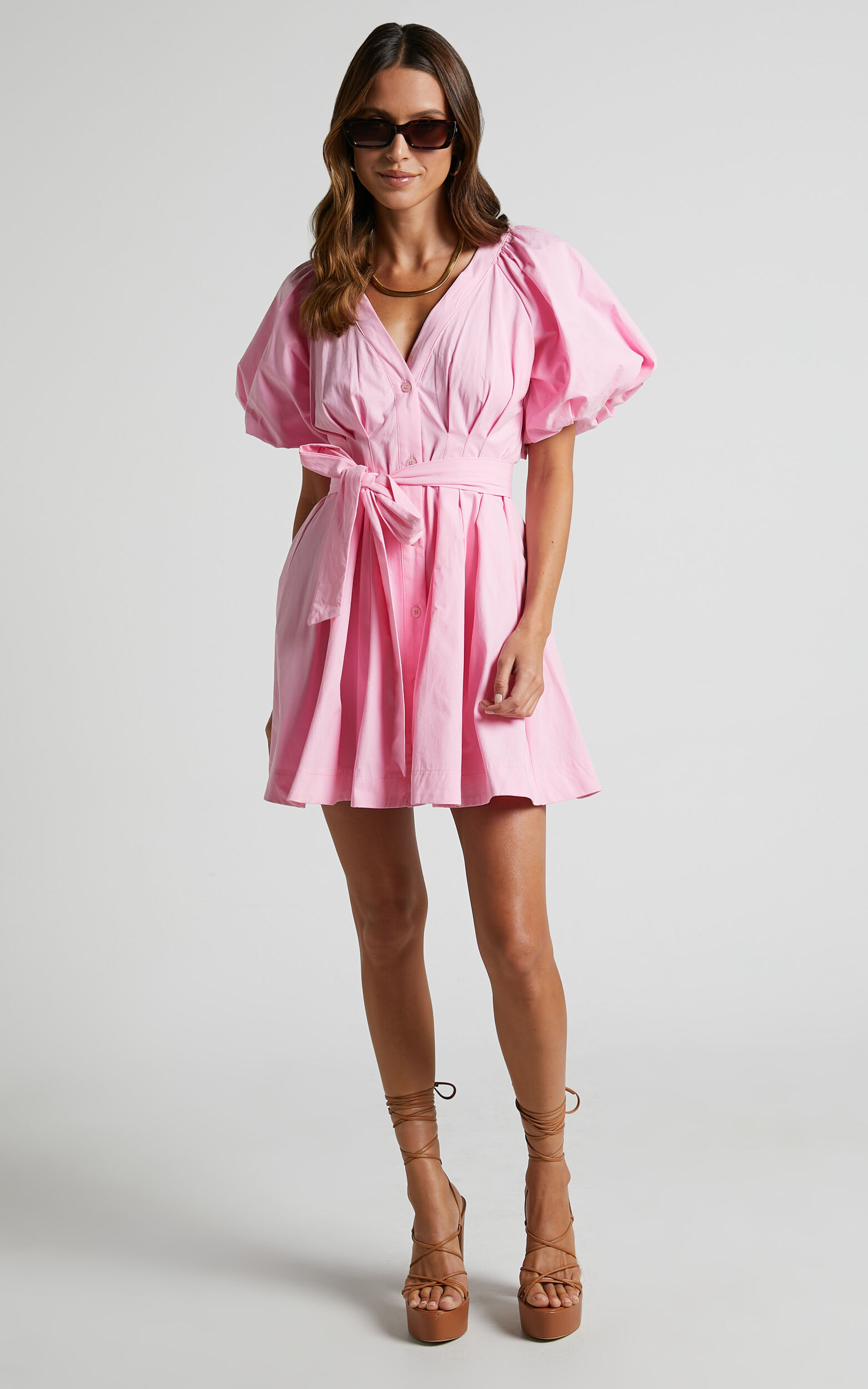Vianne Mini Dress - Puff Sleeve Button Up Pleated Dress in Pink ...