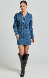 Kamala Mini Dress - Long Sleeve Button Through Denim Dress in Dark Blue ...