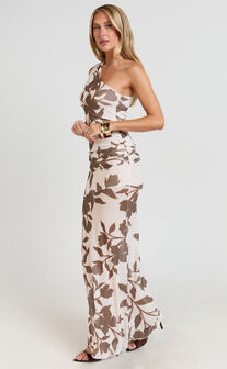 Schiffer Maxi Dress - One Shoulder Ruched Bodycon Dress in Neutral Floral Print