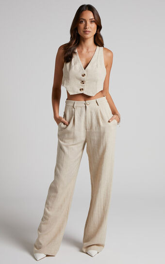 Larissa Trousers - Linen Look Mid Waisted Relaxed Straight Leg Trousers in Oatmeal