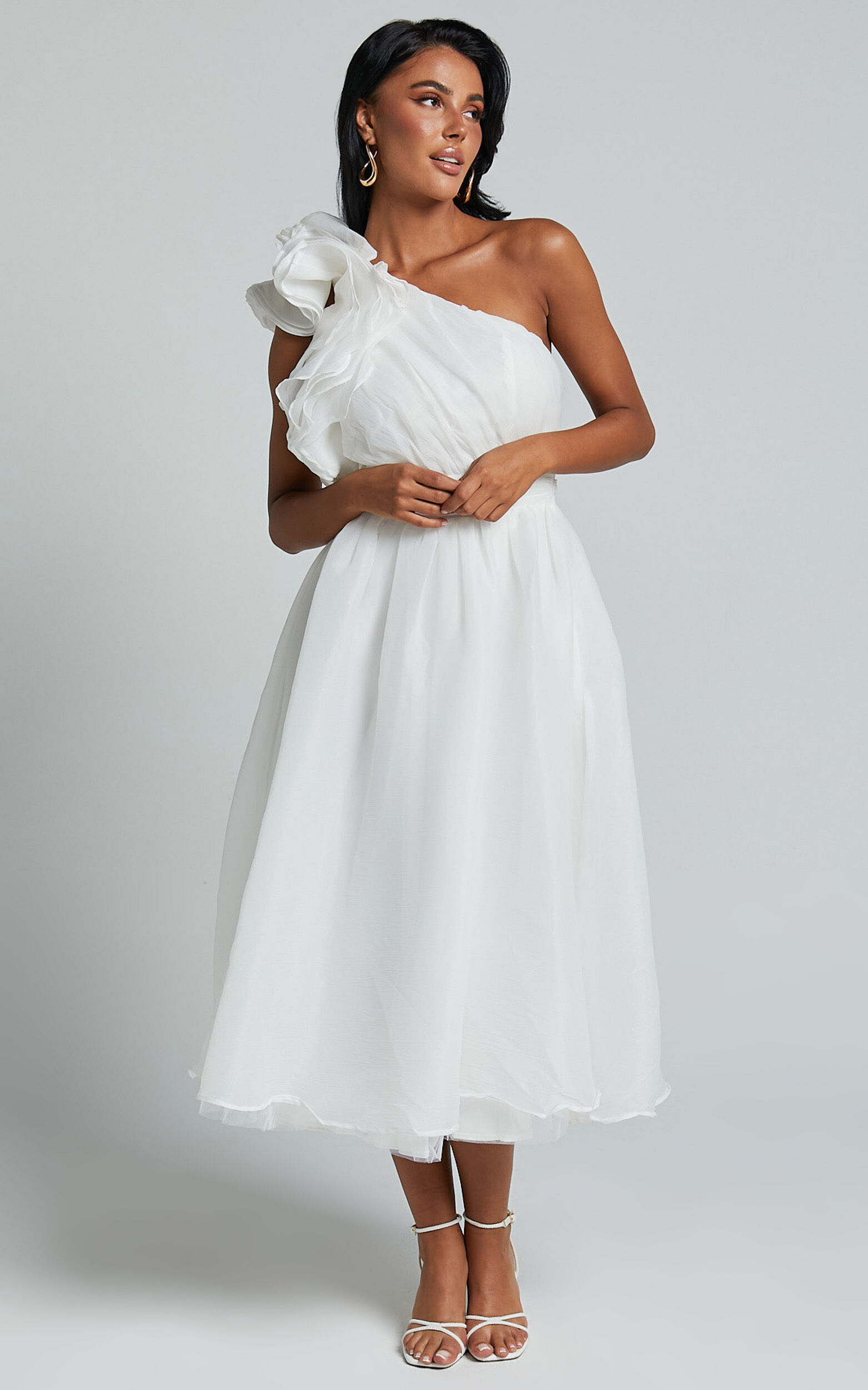 Tia Midi Dress - One Shoulder Frill Detail Fit u0026 Flare Dress in White |  Showpo USA