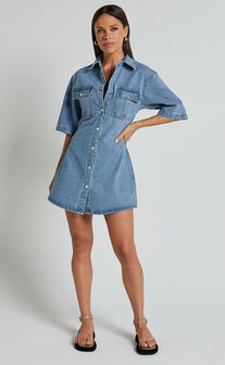 Leilani Mini Dress - Denim Short Sleeve Button Up Dress in Mid Blue