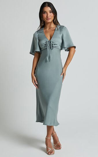 Nicholla Midi Dress - Ruched Front Angel Sleeve Slip Dress in Sage