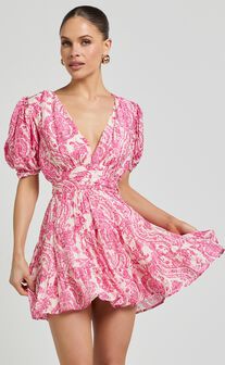 Adea Mini Dress - Plunge Puff Sleeve Tiered Dress in Pink Floral