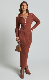 Becky Midi Dress - Button Front Contrast Knit Midi Dress in Chocolate