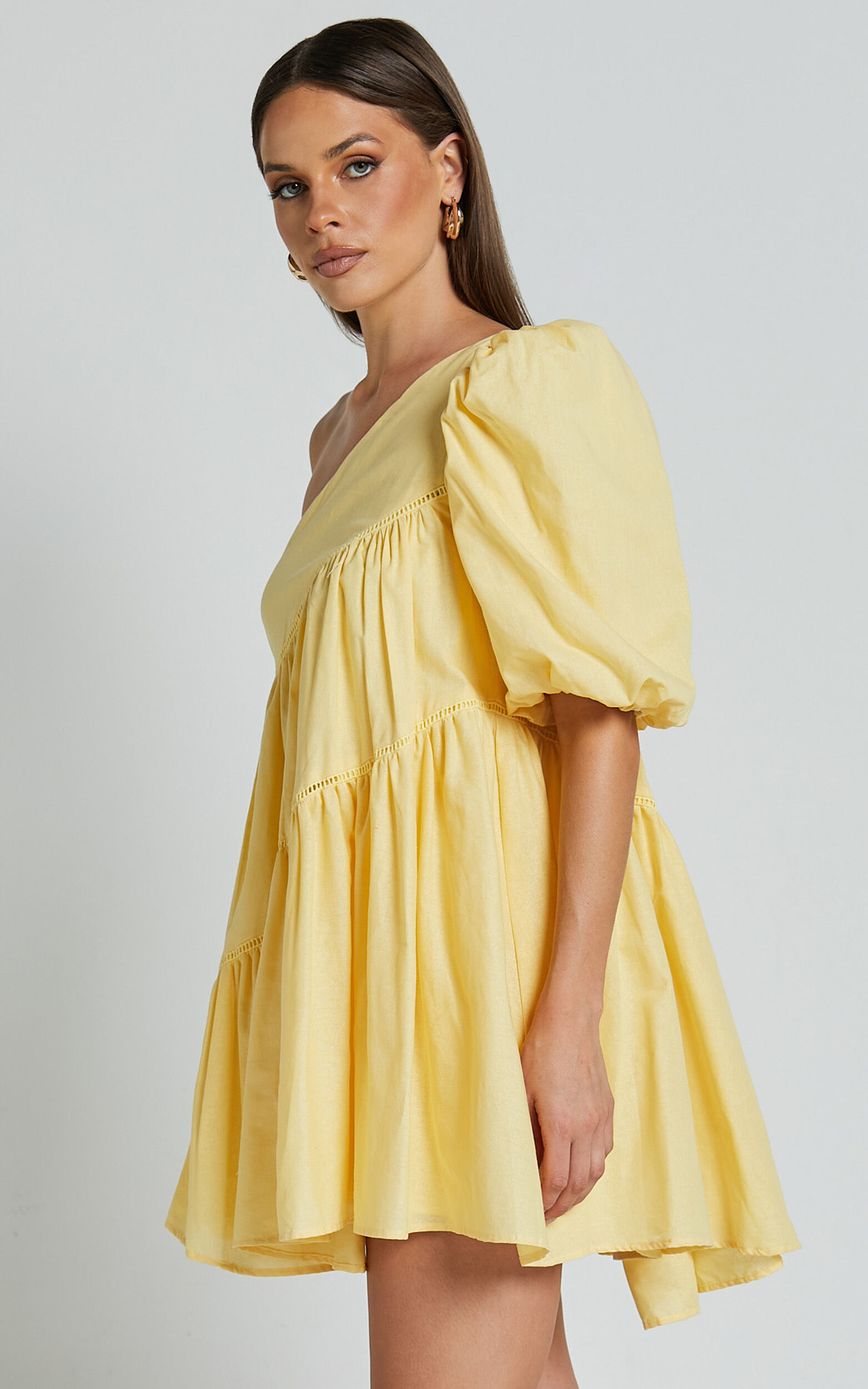 Harleen Mini Dress - Linen Look Asymmetrical Trim Puff Sleeve Dress in ...