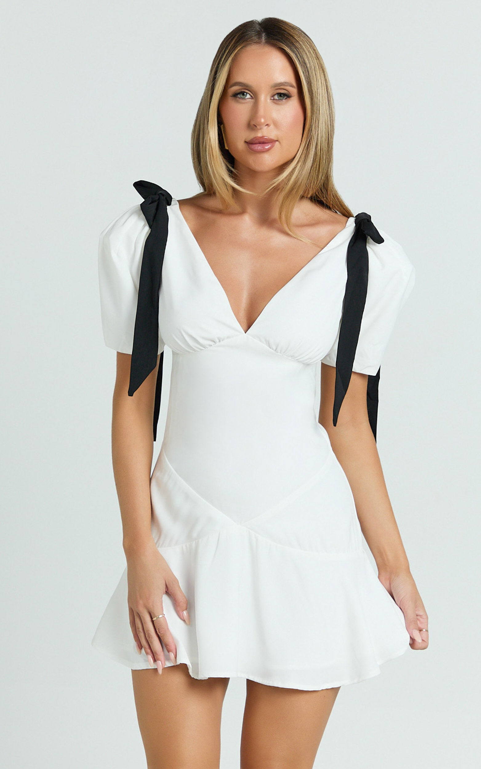 Venus Mini Dress - Contrast Tie Shoulder Short Sleeve Bias Cut Dress in Off White - 06, WHT1