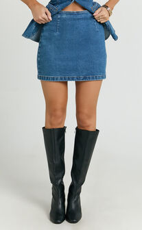Paige Mini Skirt - High Waisted Denim Skirt in Authentic Dark Blue Wash
