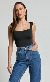 Nerine Bodysuit - Wide Strap Scoop Neck in Black