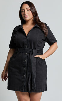 Aelicia Mini Dress - Button Through Denim Dress in Washed Black