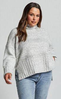 Maleesha Jumper - Oversized Turtle Neck Knit Jumper in Grey Marle