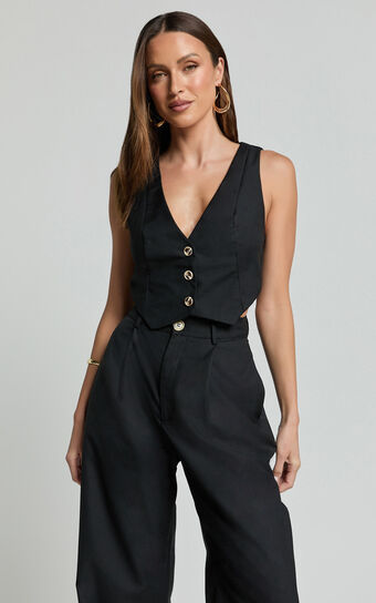 Izara Vest - V Neck Button Up Cropped Vest in Black