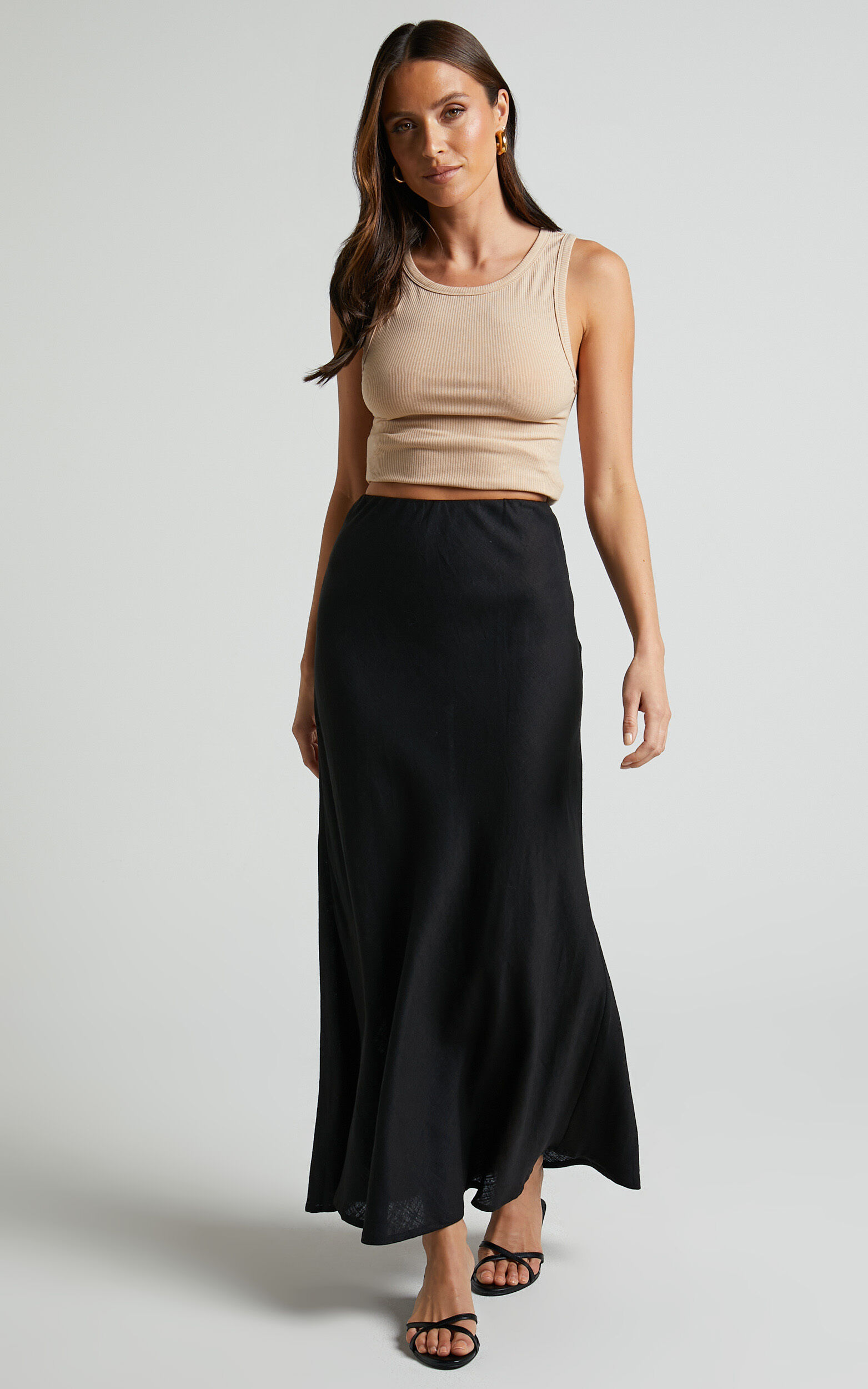 Collins Midi Skirt Linen Look High Waisted Linen Look Bias Slip Skirt in Black