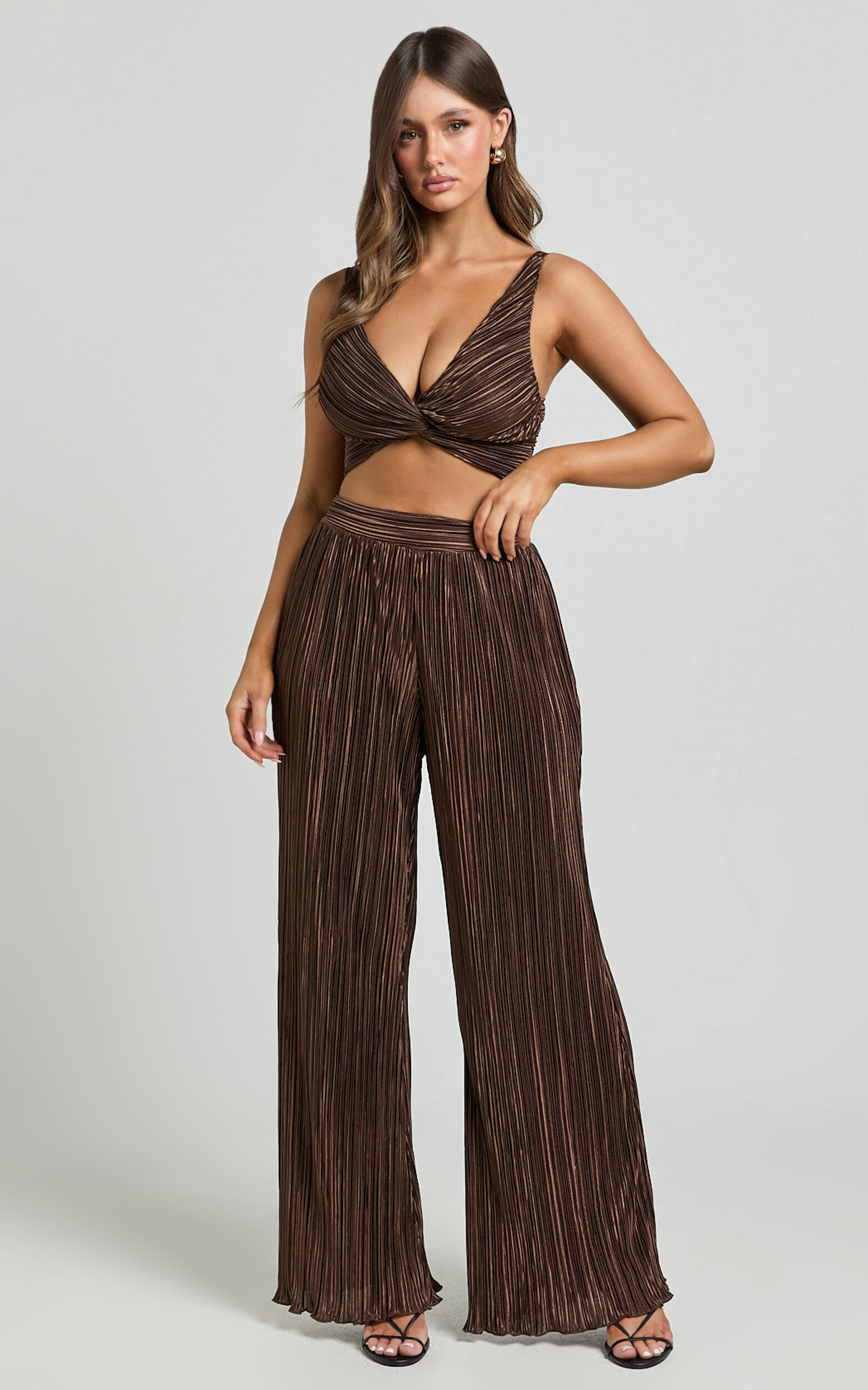Gabby Two Piece Set V Neck Twist Front Plisse Crop Top and High Waisted Plisse Relaxed Pants in Chocolate Showpo