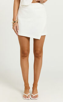 Sara Linen Blend Skort - Wrap Asymmetric Mini Skort in White