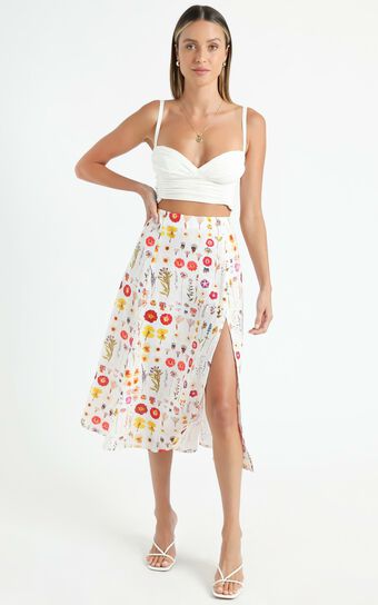 Cools Club - A Line Split Midi Skirt in Pressed Floral