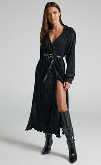 Donelli Midi Dress - Plisse Oversized Collared Shirt Dress in Black