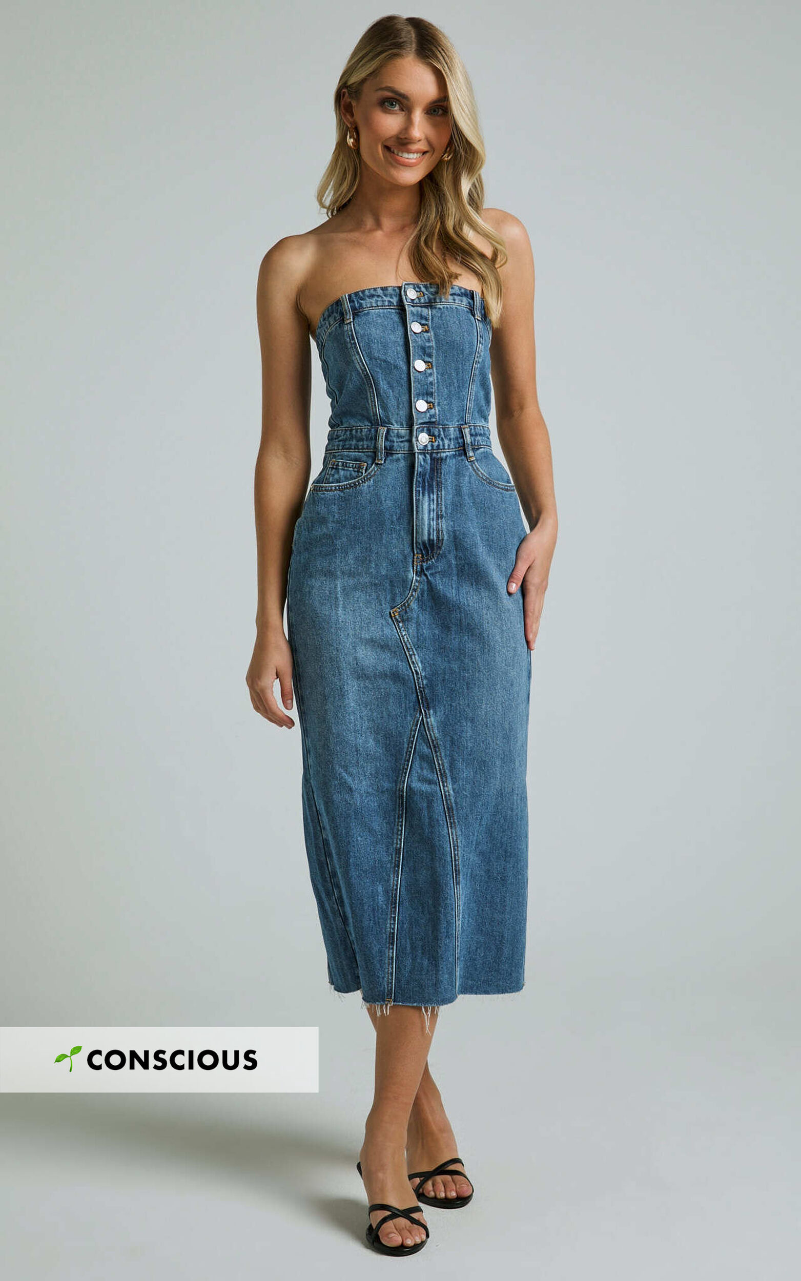 Keyla Midi Dress - Denim Strapless Button Front Shirred Back in Mid Blue Wash - 06, BLU1