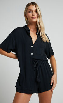 Jubilee Two Piece Set - Button Up Shirt and Shorts Set in Black