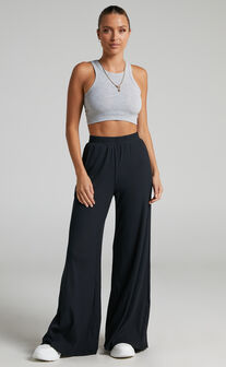 Amalthea Pants - High Waisted Jersey Rib Wide Leg Pants in Black