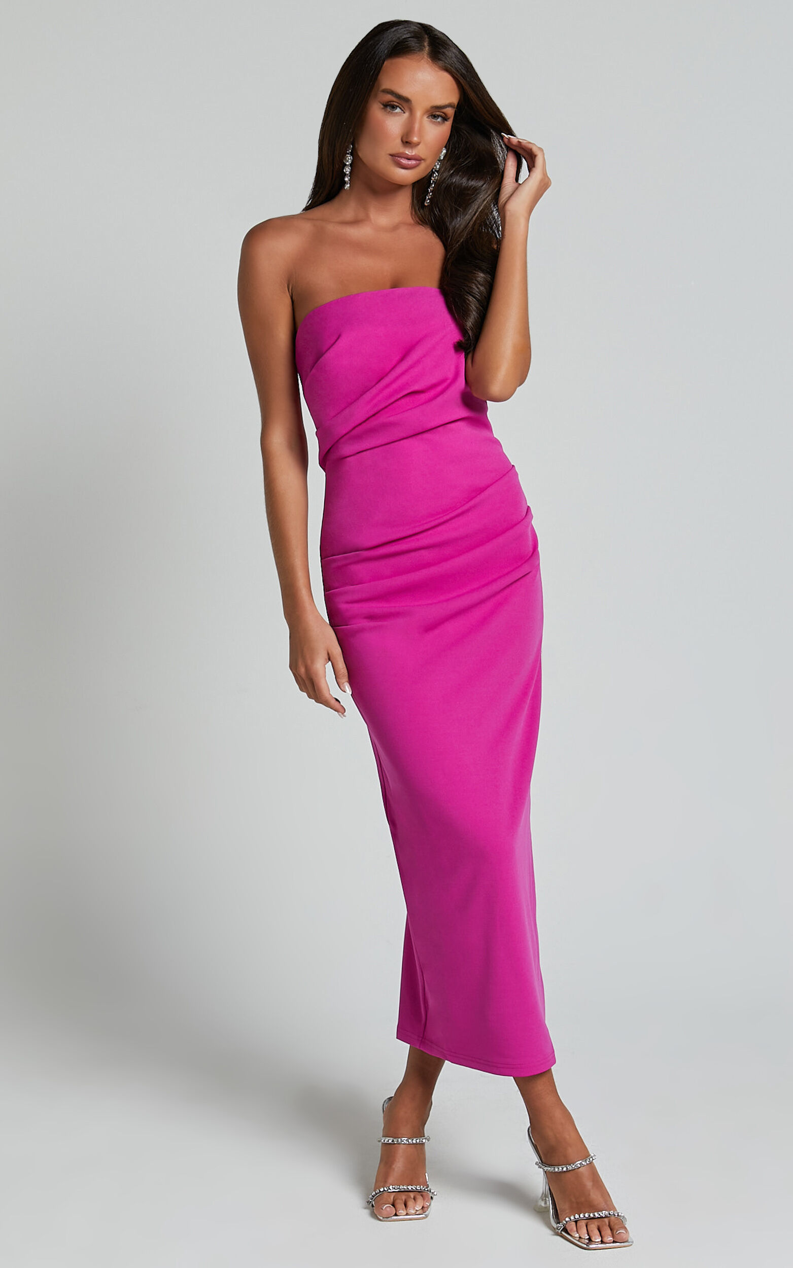Calanthe Midi Dress Strapless Tuck Detail Dress in Orchid Showpo USA