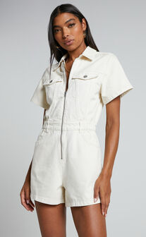 Mauriel Playsuit - Recycled Cotton Utility Playsuit in Ecru