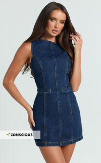 Olenna Mini Dress - High Neck Fitted Denim Dress in Indigo Wash