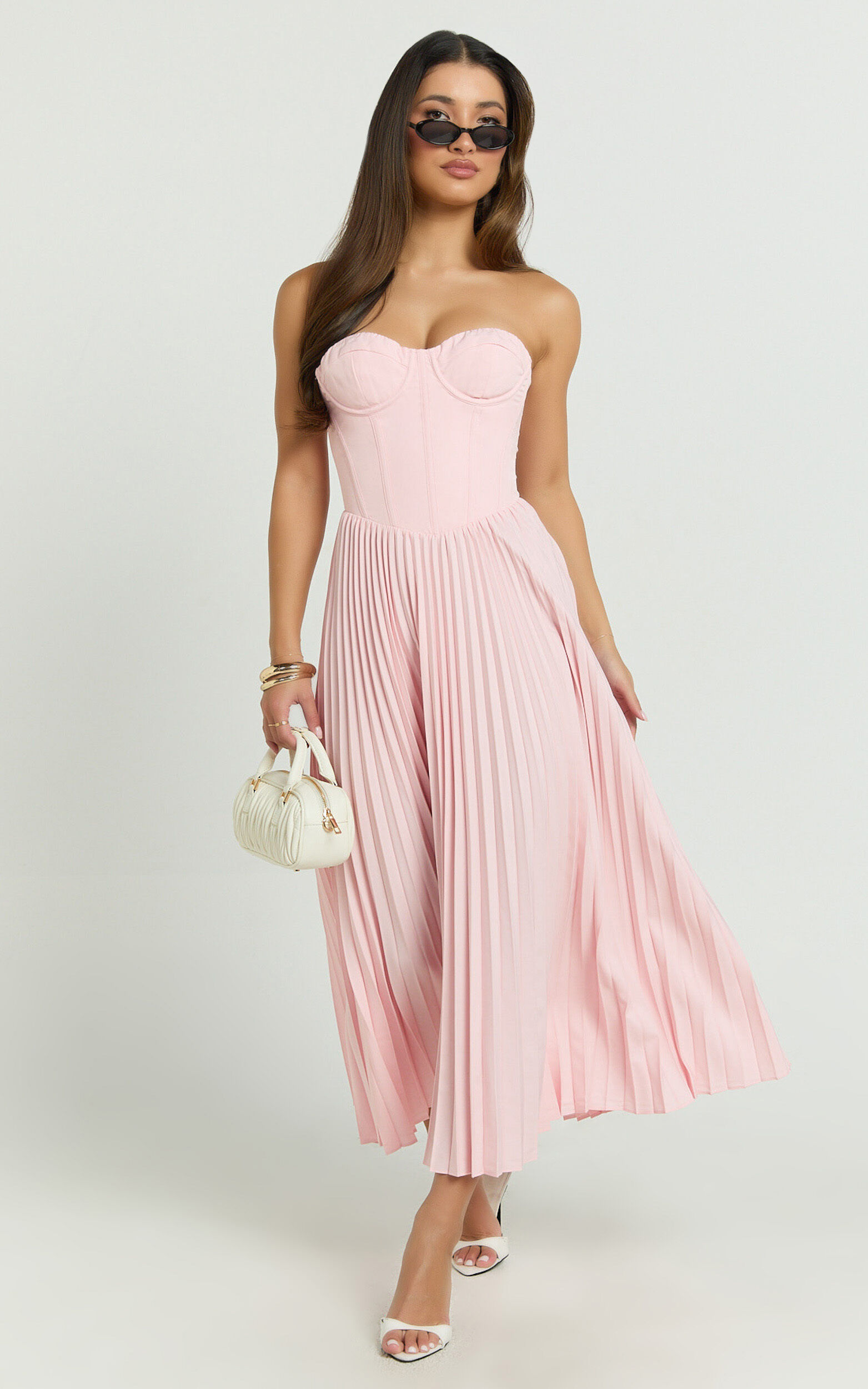 Loretta Midi Dress - Lace Up Back Bustier Pleated Dress in Soft Pink - 06, PNK1