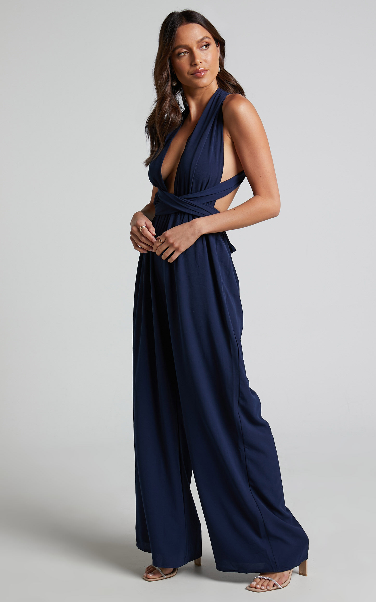Girls Life Jumpsuit Plunge Cross Back Tie Jumpsuit in Navy