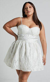 Allea Mini Dress - V Neck Balloon Sleeve Tiered Jacquard Dress in White