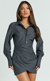 Desiree Mini Dress - Long Sleeve Wrap Skirt Shirt Dress in Grey