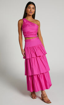 Kaycie Two Piece Set - One Shoulder Asymmetrical Ruched Top and Tiered Midi Skirt Set in Pink