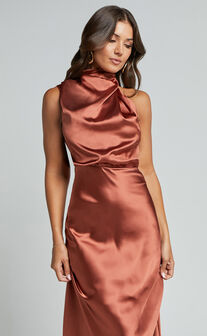 Minnie Midi Dress - Drape Neck Satin Slip Dress in Copper