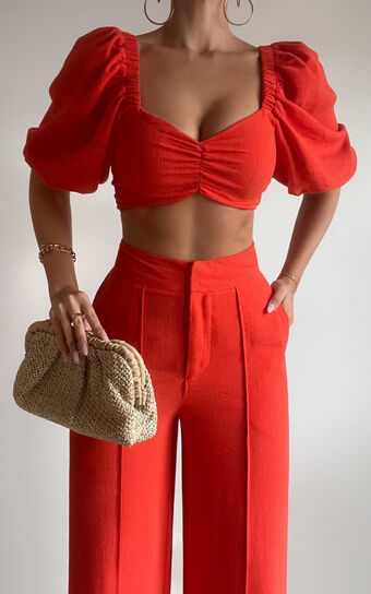 Aleydise Two Piece Set - Linen Puff Sleeve Gathered Crop Top and Pants Set in Burnt Orange