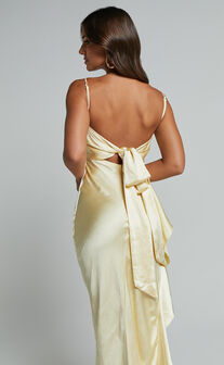 Carolina Maxi Dress - Frill Detail Satin Square Neck Dress in Lemon