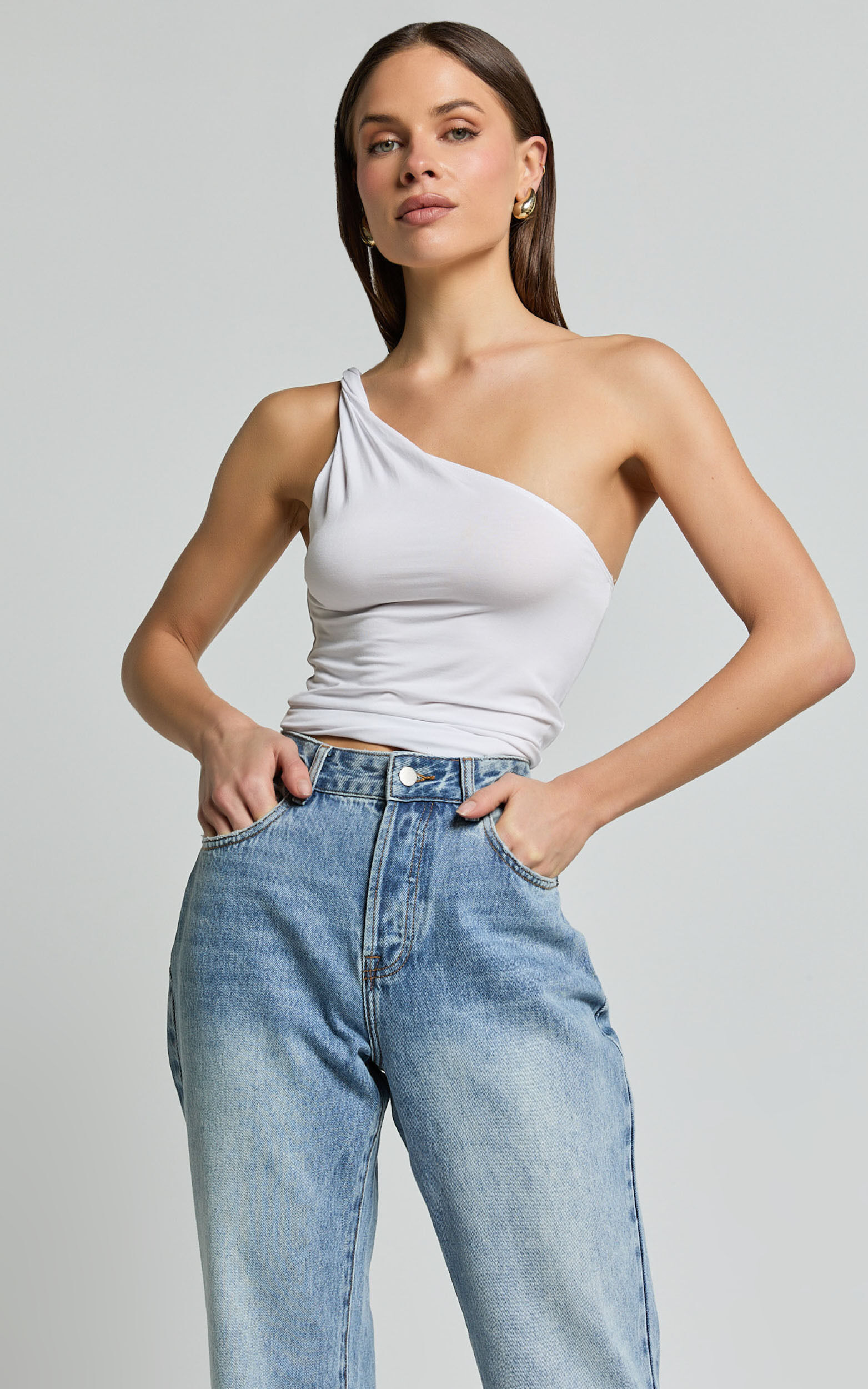 Marinette Top - Twisted One Shoulder Top in White - 06, WHT1
