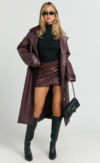 Vicki Trench Coat - Faux Leather Washed Trench Coat in Wine