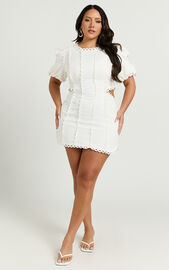 Laila Mini Linen Dress - High Neck Side Cut Out Puff Sleeve Straight Dress in Off White | Showpo