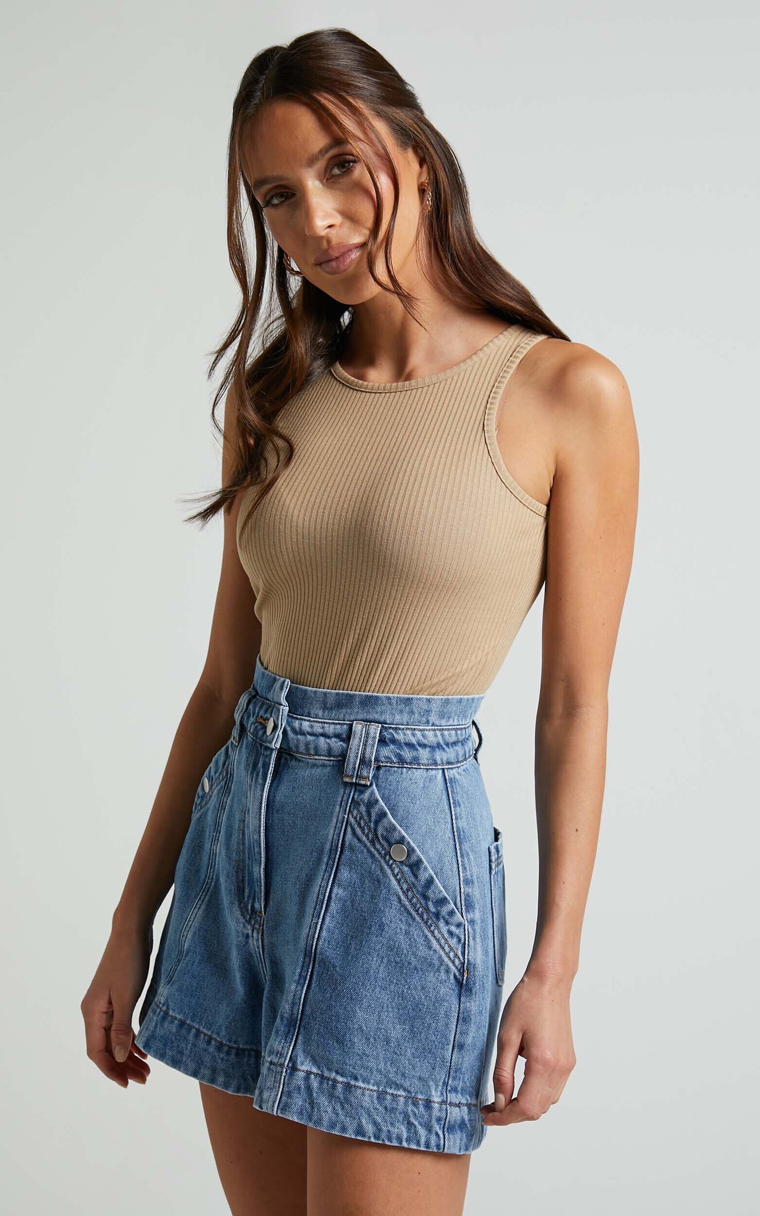 Julia Bodysuit - High Neck Ribbed Bodysuit in Sand - 04, CRE1