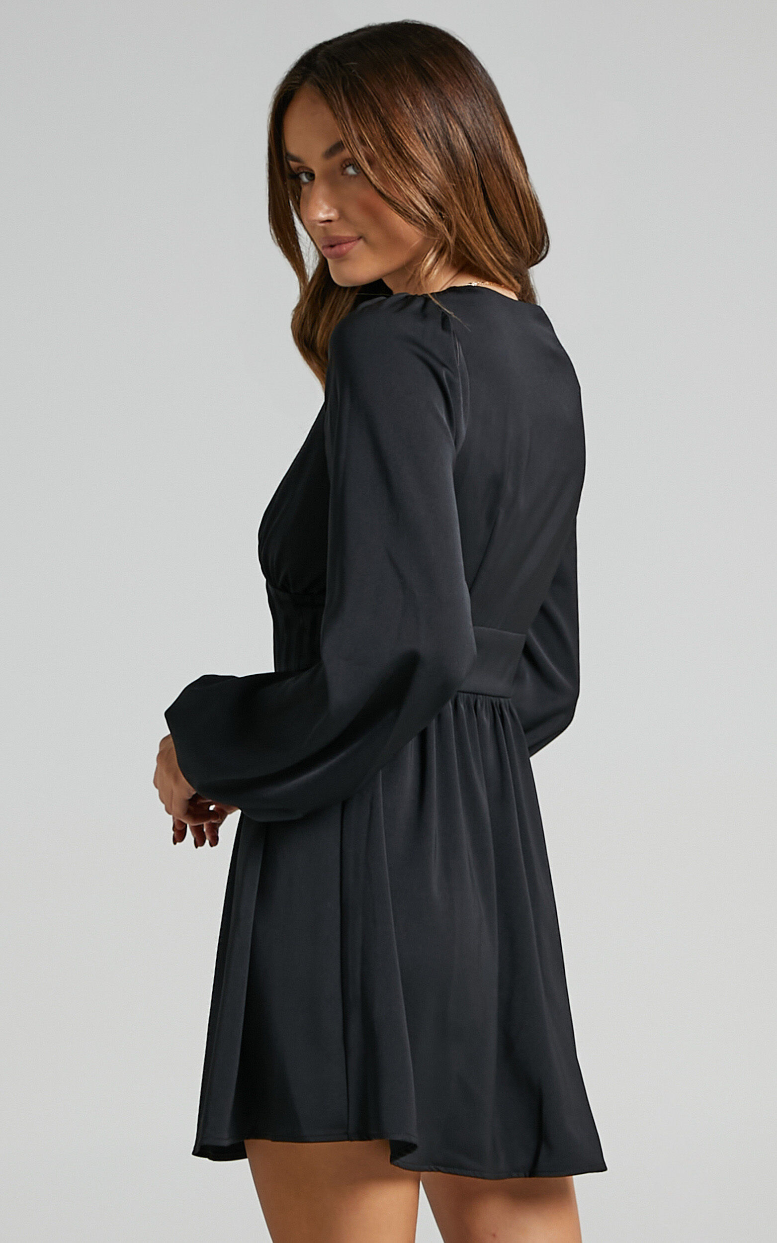 Barley Long Sleeve Corset Mini Dress in Black Showpo